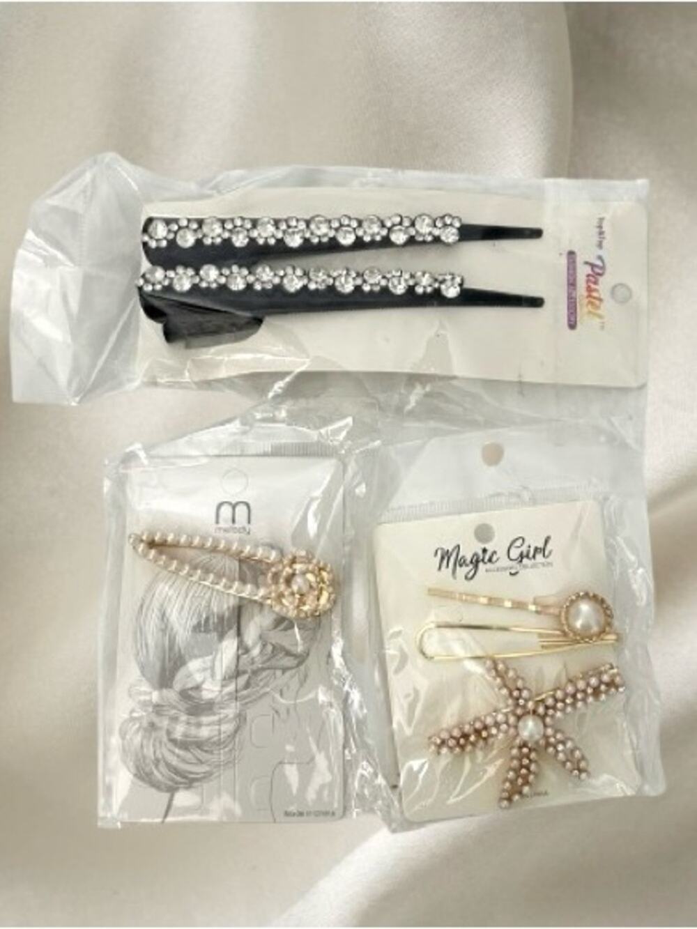 Women’s Rhinestone & Pearl Hair Clip Sets in Black, Gold, Pearl.